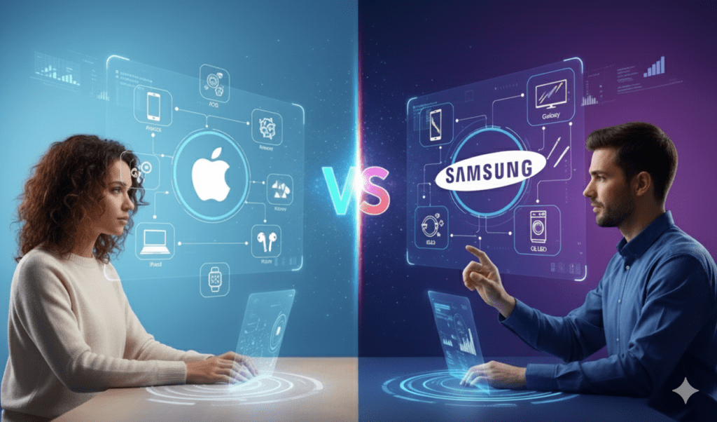 Apple vs Samsung marketing strategy comparison illustration with digital interfaces and tech branding