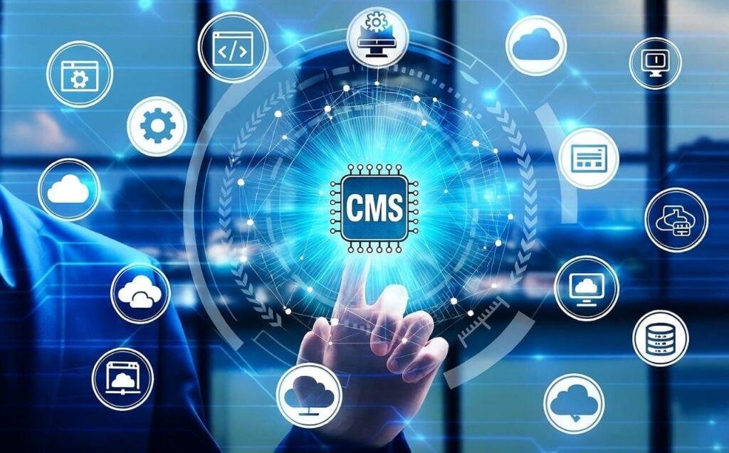 CMS website development illustration with digital icons of cloud, database, and web solutions.