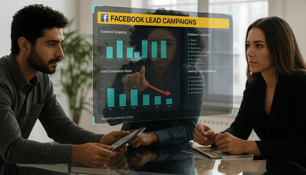 Digital marketers analyzing Facebook Lead Campaigns performance and lead conversion metrics.