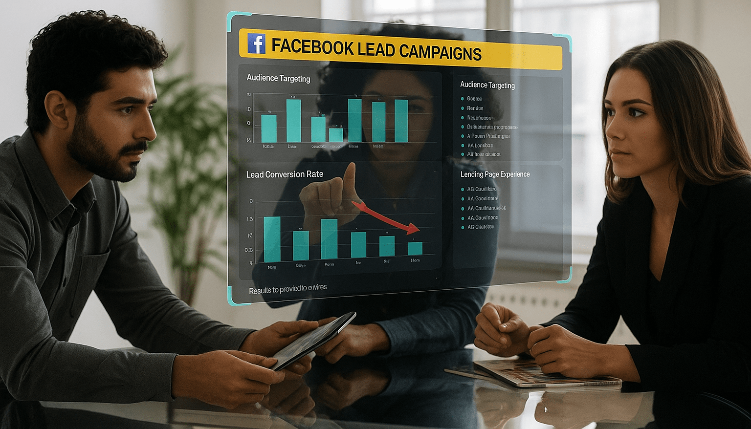 Digital marketers analyzing Facebook Lead Campaigns performance and lead conversion metrics.