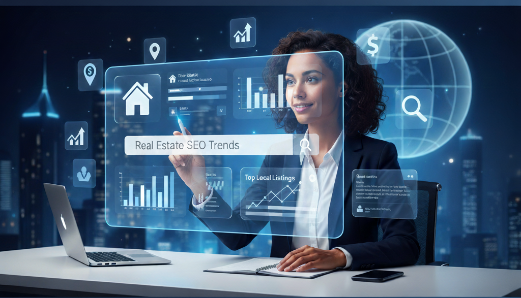 Businesswoman analyzing real estate SEO trends with futuristic digital interface and analytics charts