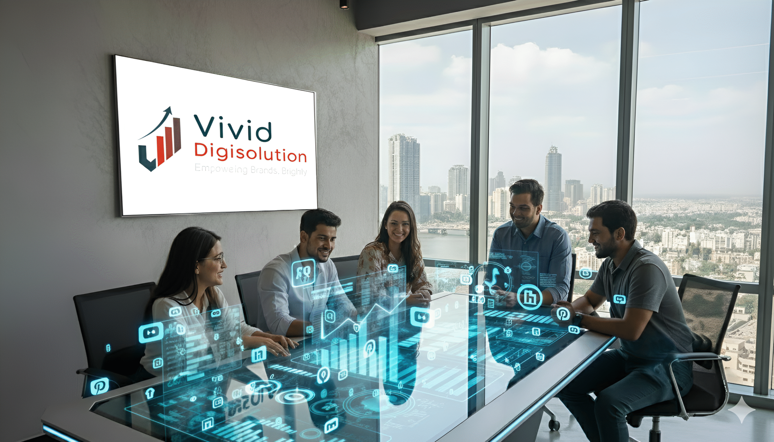 Team of digital experts at Vivid Digisolution, leading social media marketing company in Ahmedabad, planning brand strategy