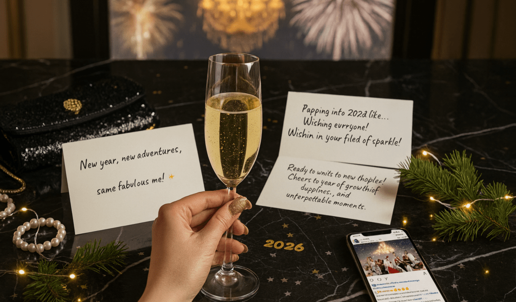 Elegant New Year setup featuring champagne, décor, and cards with new year captions