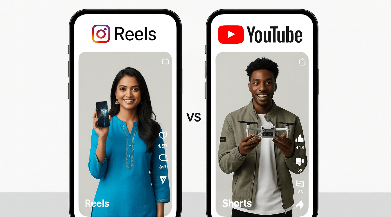 Reels vs Shorts comparison showing two creators demonstrating platforms for brand marketing 2025