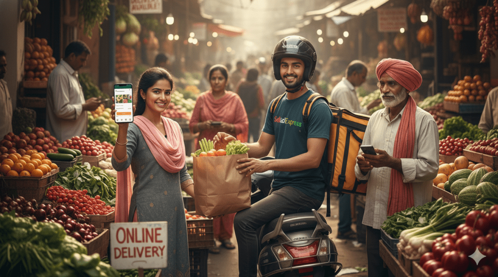 Local vendors selling fresh produce as delivery rider hands groceries to smiling customer.