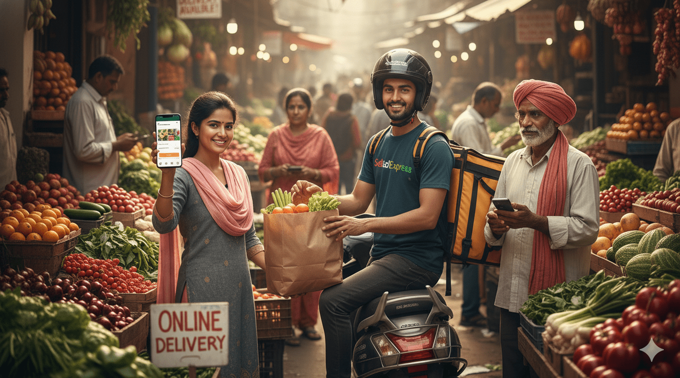 Local vendors selling fresh produce as delivery rider hands groceries to smiling customer.