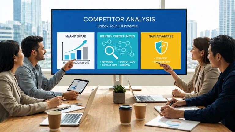 Digital marketing services competitor analysis meeting with professionals discussing strategy and market growth