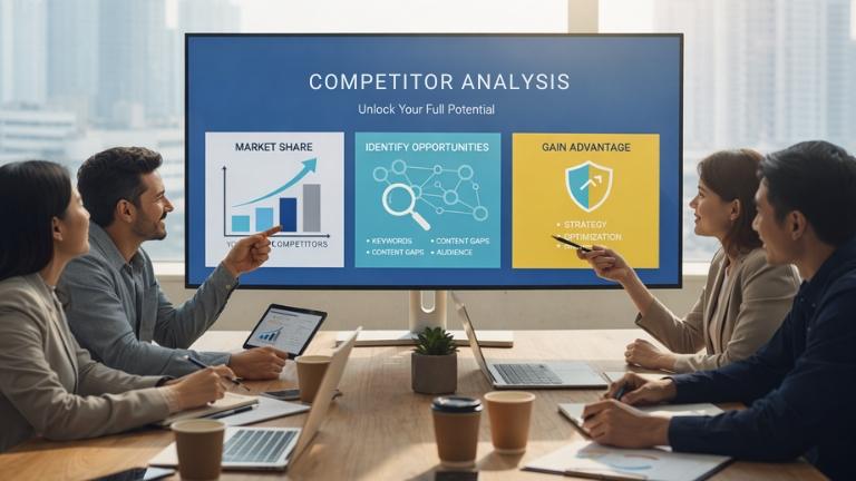 Digital marketing services competitor analysis meeting with professionals discussing strategy and market growth