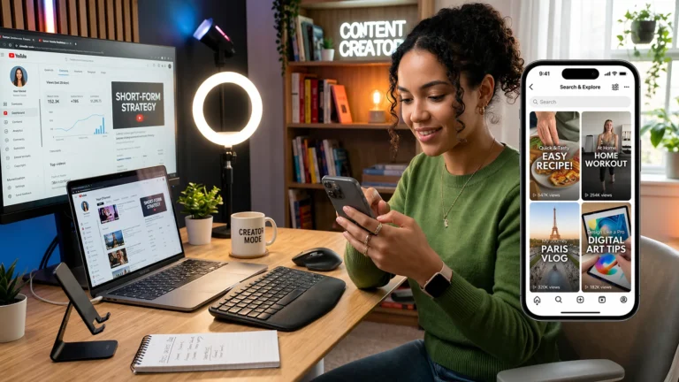 Short form content creation setup with mobile video editing, social media dashboard, and content creator using smartphone