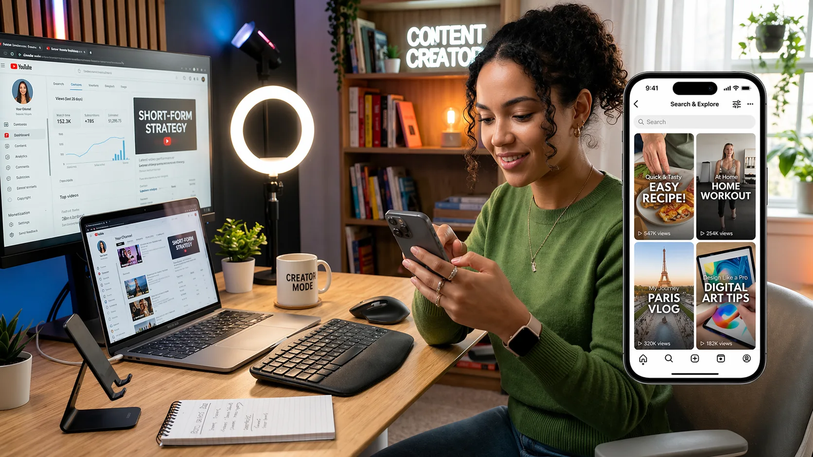 Short form content creation setup with mobile video editing, social media dashboard, and content creator using smartphone