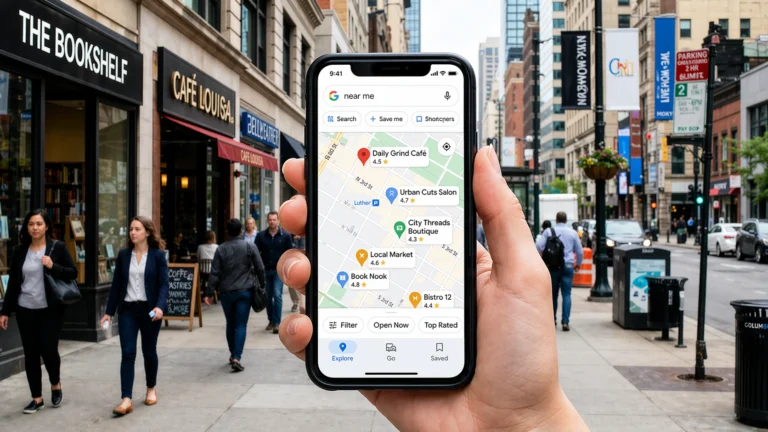 Near Me Searches on smartphone showing local business listings, map results, and nearby locations in city