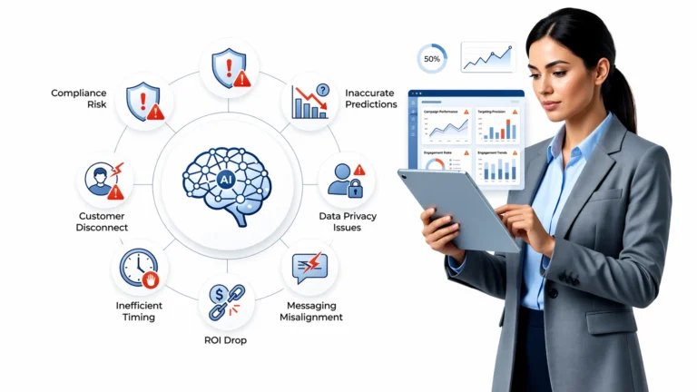 AI in Marketing concept showing business professional analyzing data insights, AI risks, customer disconnect, and ROI performance