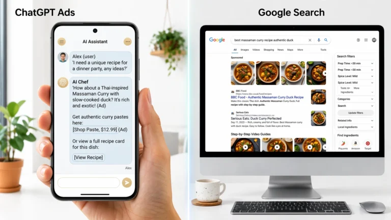 ChatGPT Ads displayed on mobile AI assistant interface compared with Google search results on desktop screen