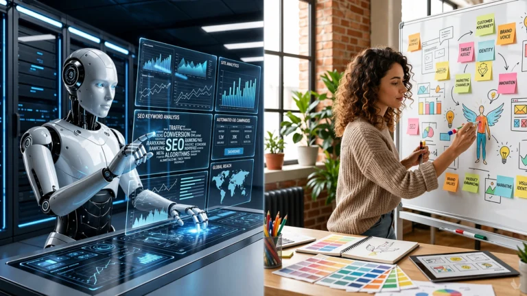 AI vs Human Creativity concept showing robot analyzing data and human designing creative ideas on board