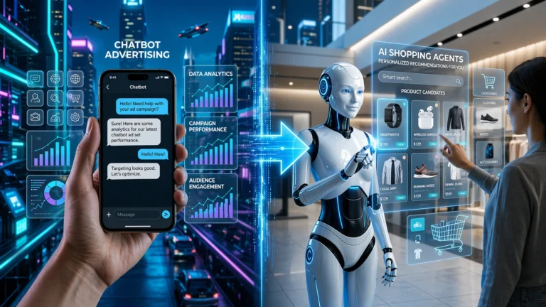 AI in digital marketing concept showing chatbot advertising, data analytics dashboard, and AI shopping assistant for personalized marketing