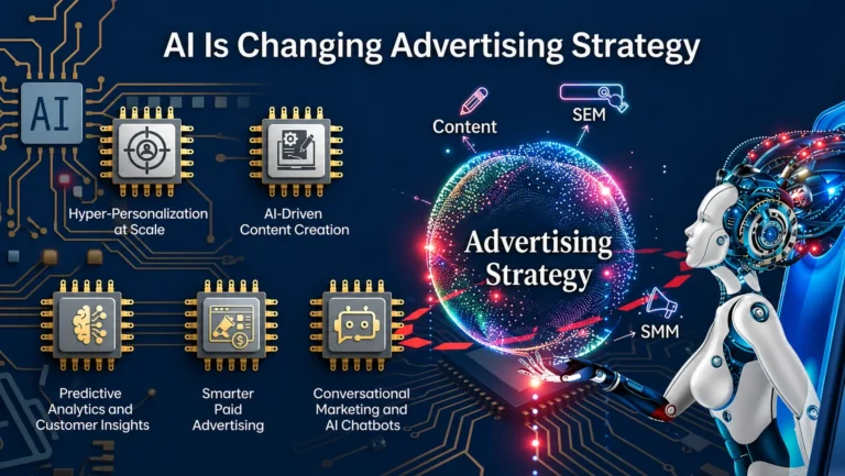 AI in advertising strategy showing AI-driven content creation, predictive analytics, chatbots, SEM, and social media marketing automation