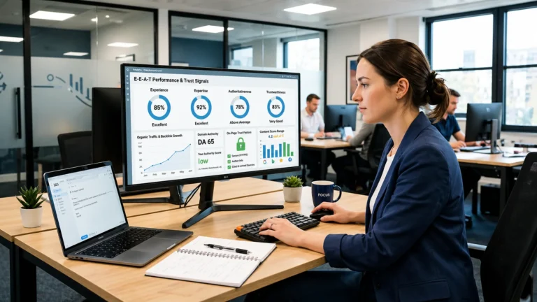 SEO expert analyzing E-E-A-T Strategy performance metrics and trust signals on a digital dashboard