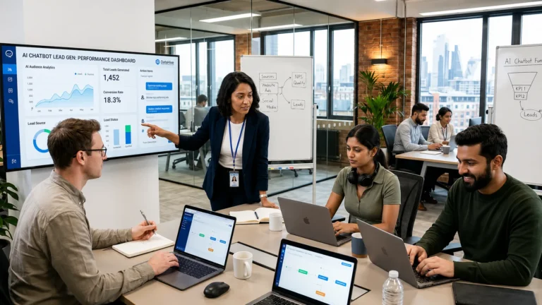 Lead generation chatbot dashboard being analyzed by a marketing team to track leads and AI chatbot performance