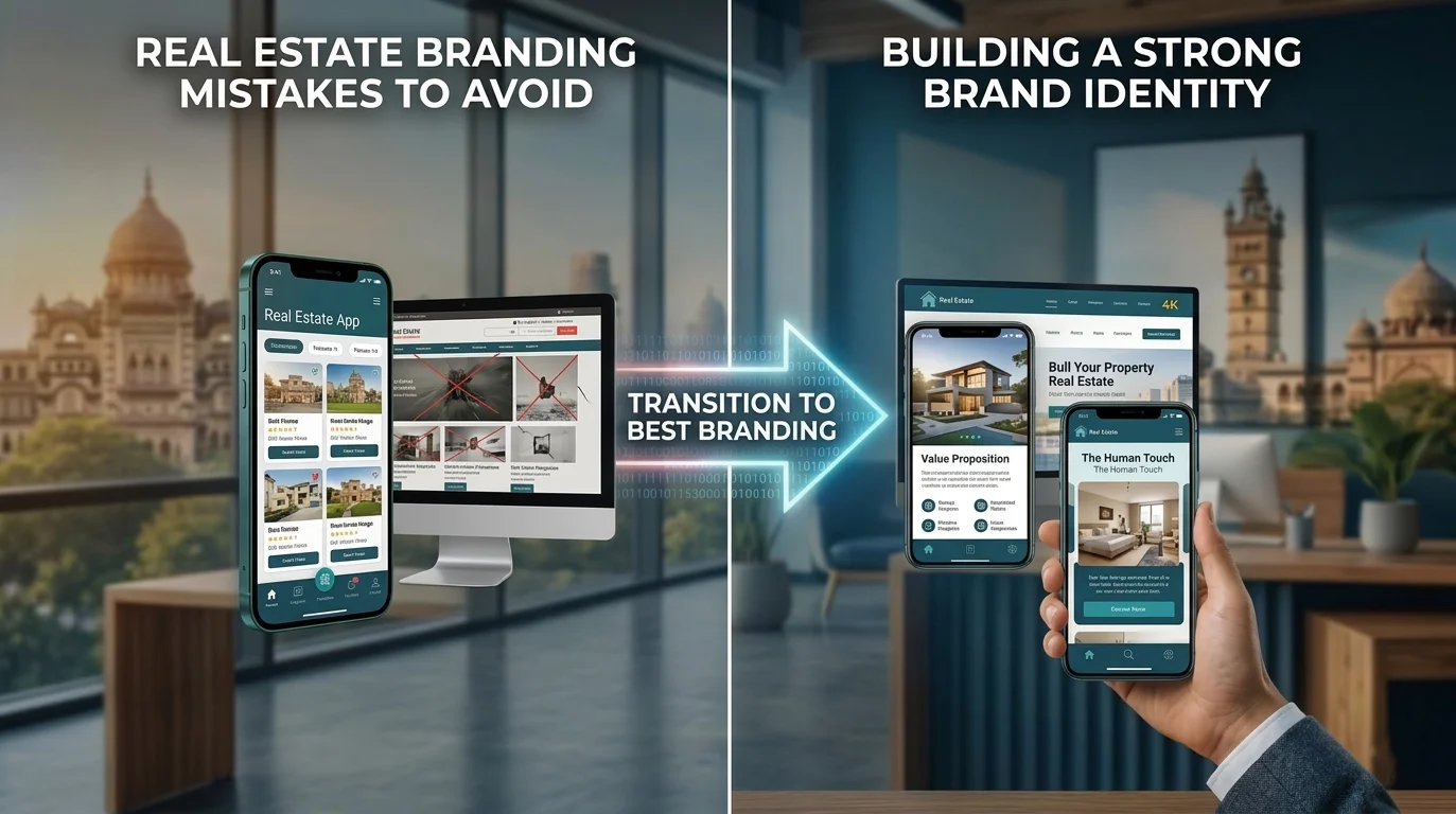 Real Estate branding mistakes vs strong brand identity strategies with digital marketing elements