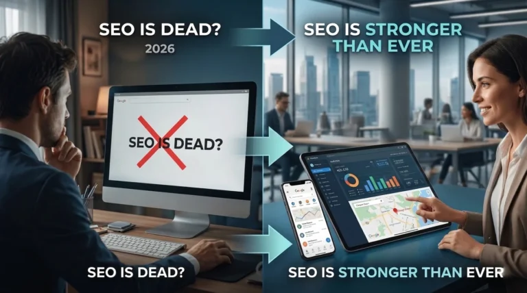 Split image showing “SEO is Dead” in 2026 with declining traffic and revenue on the left, contrasted with “SEO is Stronger Than Ever” featuring AI insights, high ROI, and improved user experience on the right.