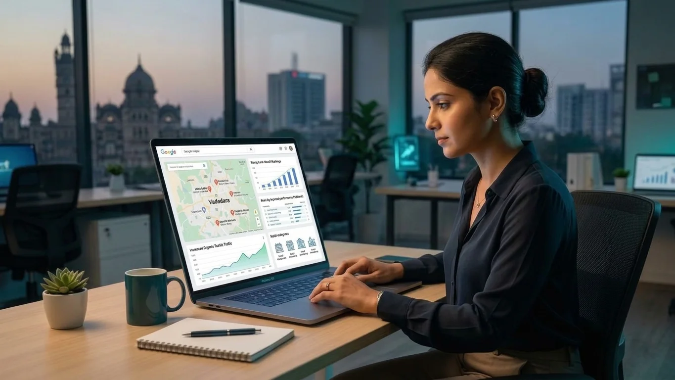 Local SEO expert analyzing Google rankings and business growth data on laptop