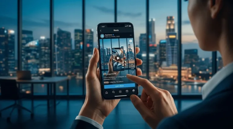 Person using a smartphone to view Instagram Reels with AI, SEO, and ROI analytics icons overlay in a modern city office setting.