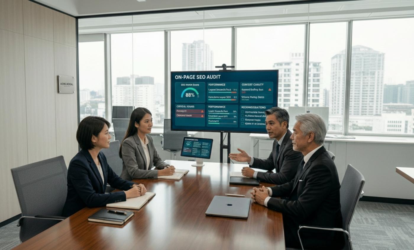 On Page SEO Optimization meeting showing team analyzing website audit performance dashboard