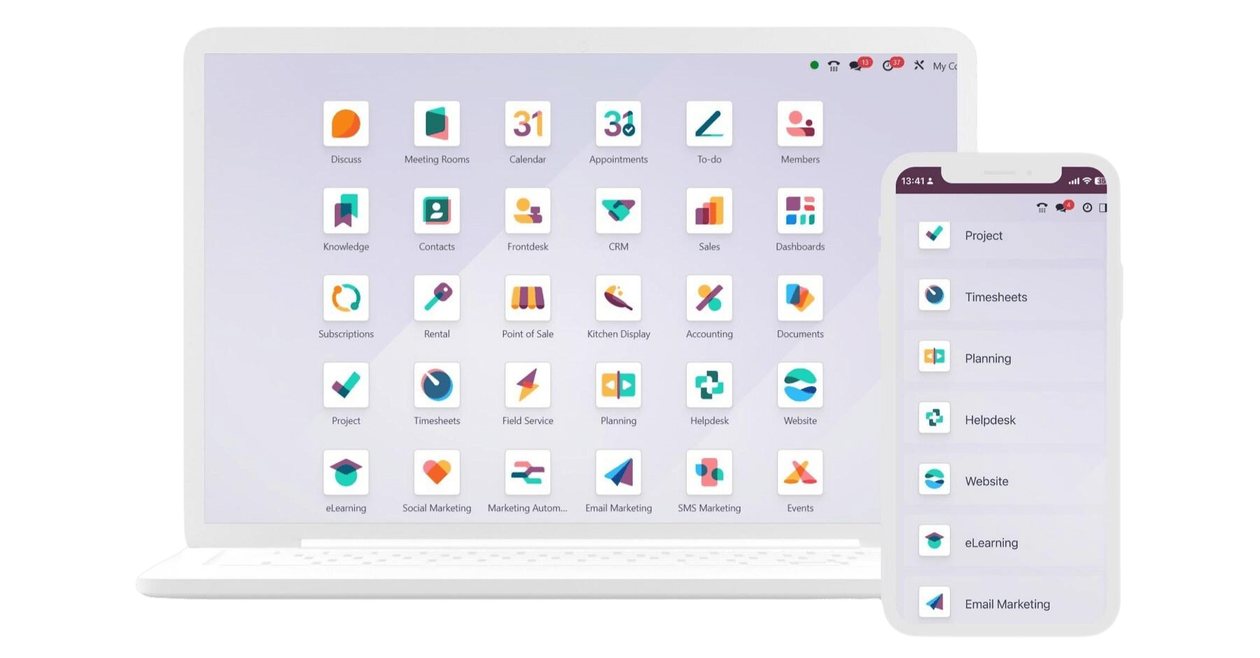 Odoo Development dashboard interface with business modules like CRM, sales, accounting, and project management