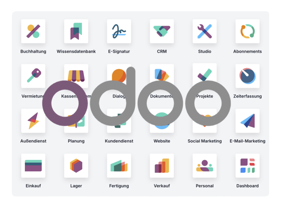 Odoo Integration dashboard showing business modules like CRM, accounting, inventory, and project management tools