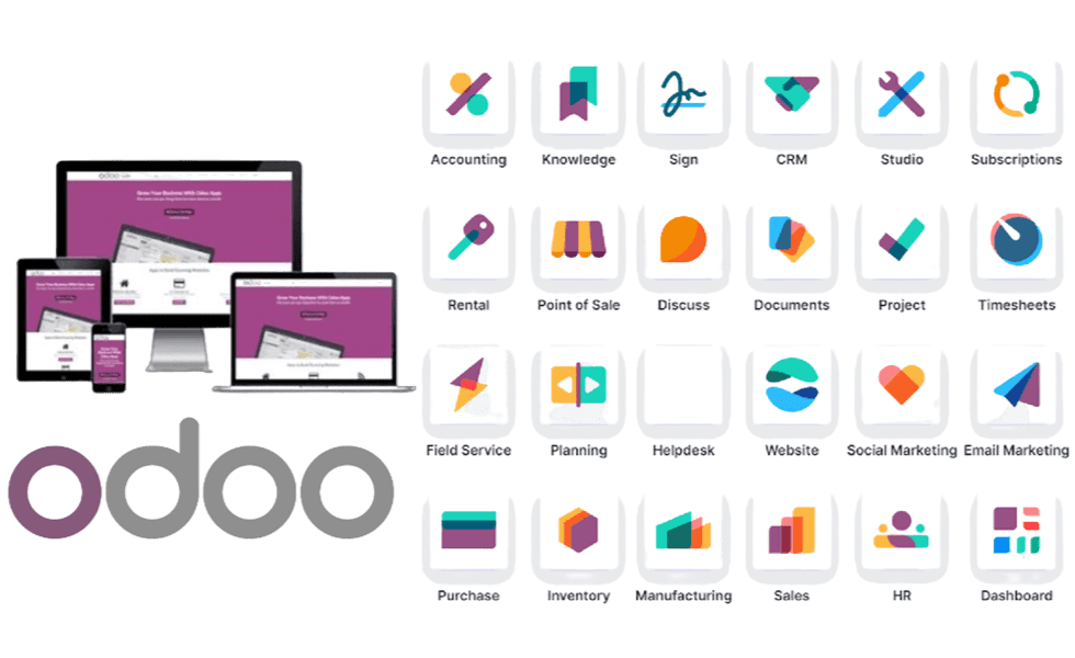 Odoo Migration process showcasing ERP modules like CRM, accounting, inventory, and business automation tools