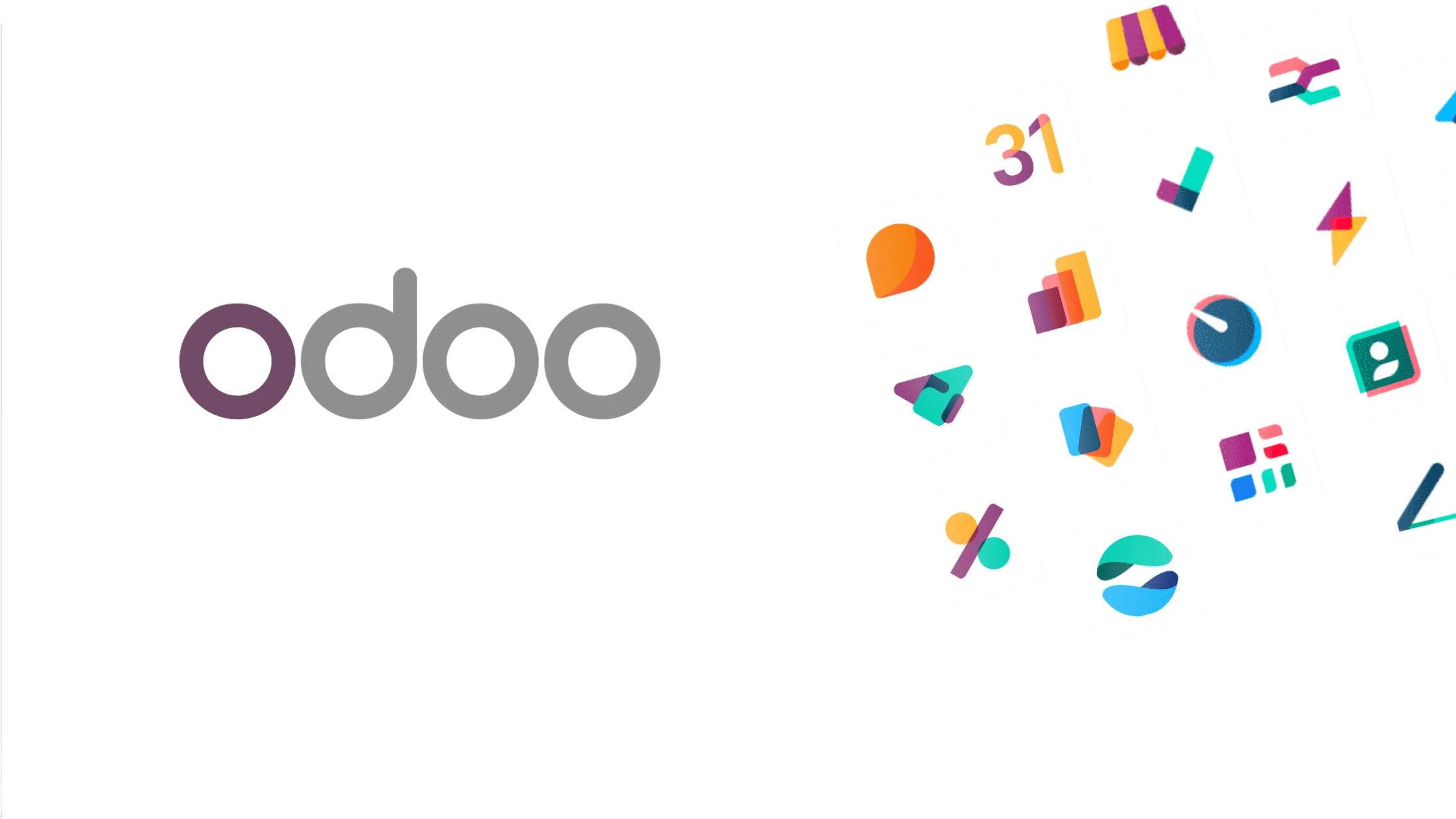 Odoo Training interface showing ERP modules like CRM, sales, accounting, and business management tools