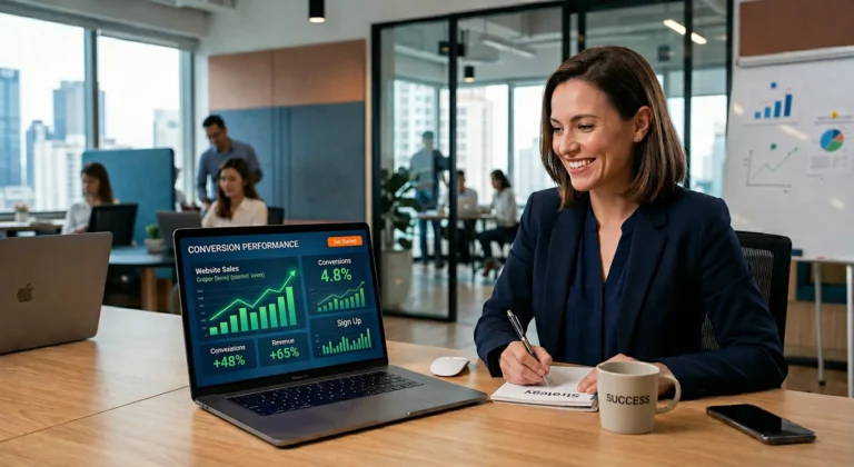Business professional analyzing website visitors conversion performance on laptop dashboard in modern office