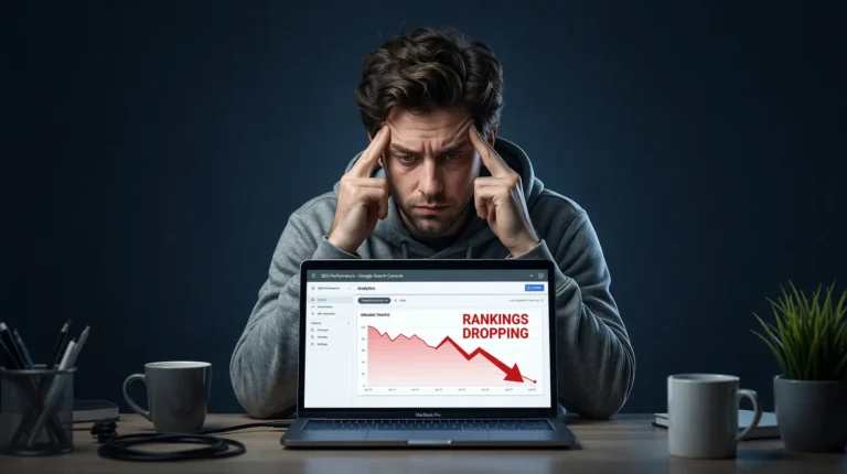 Man worried about thin content causing SEO ranking drop on laptop screen showing traffic decline
