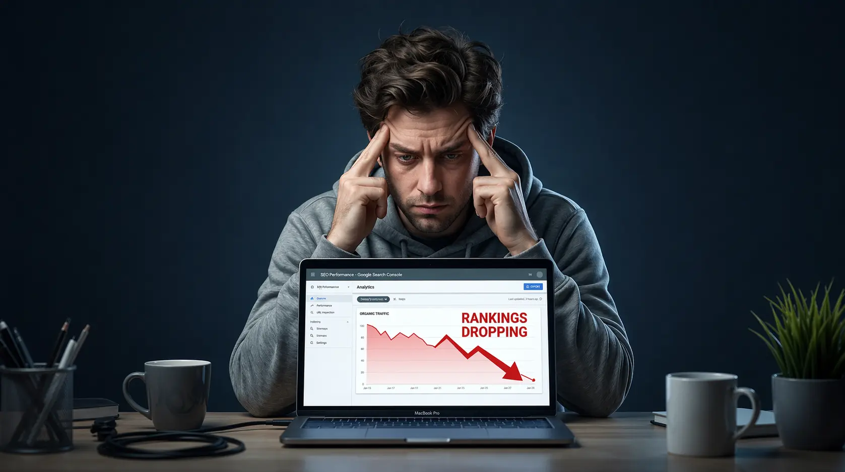 Man worried about thin content causing SEO ranking drop on laptop screen showing traffic decline