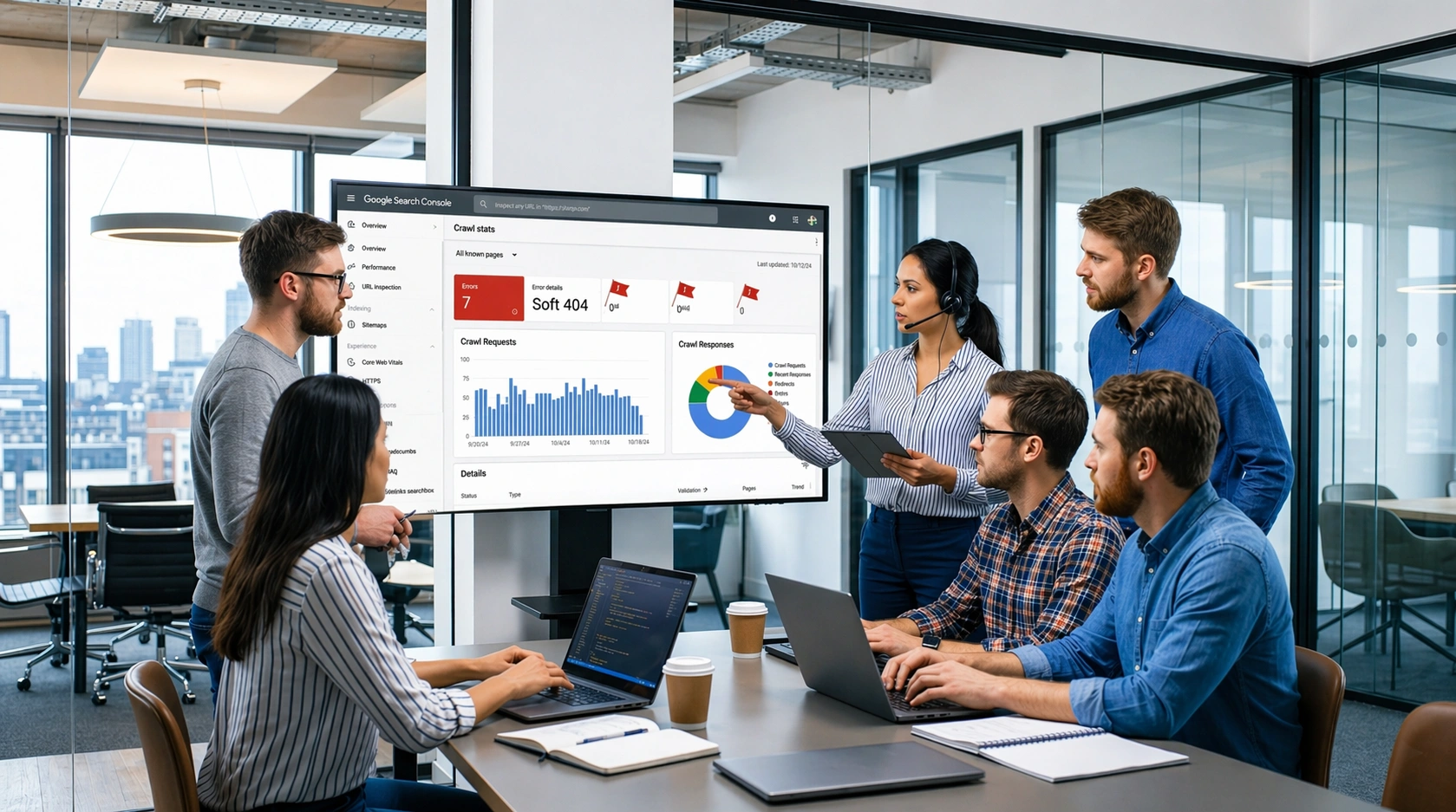 Team analyzing Soft 404 errors in Google Search Console dashboard during office meeting