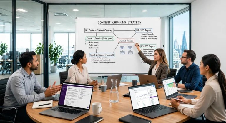Content Chunking in SEO discussion with team analyzing structured content and AI optimization