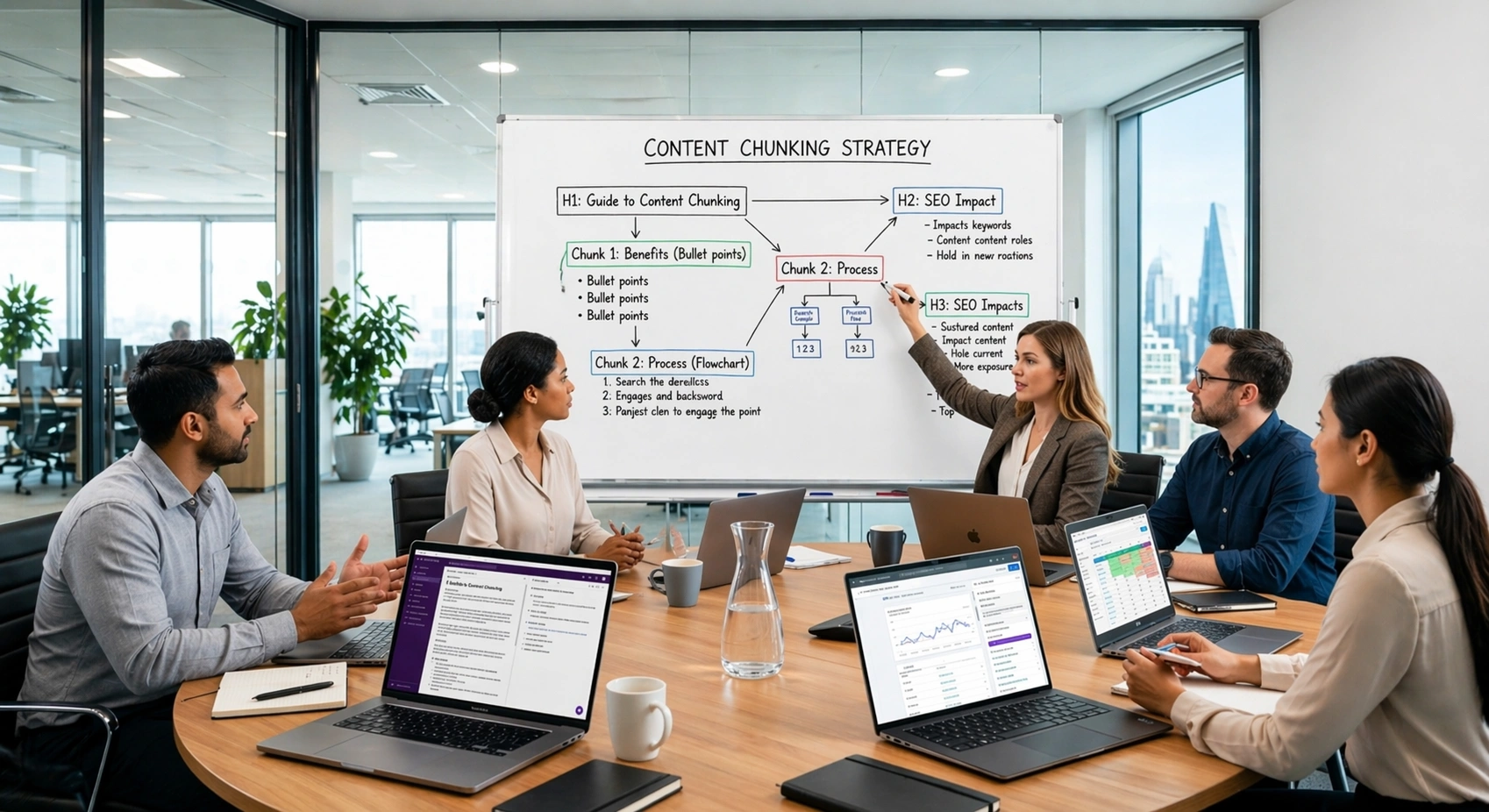 Content Chunking in SEO discussion with team analyzing structured content and AI optimization