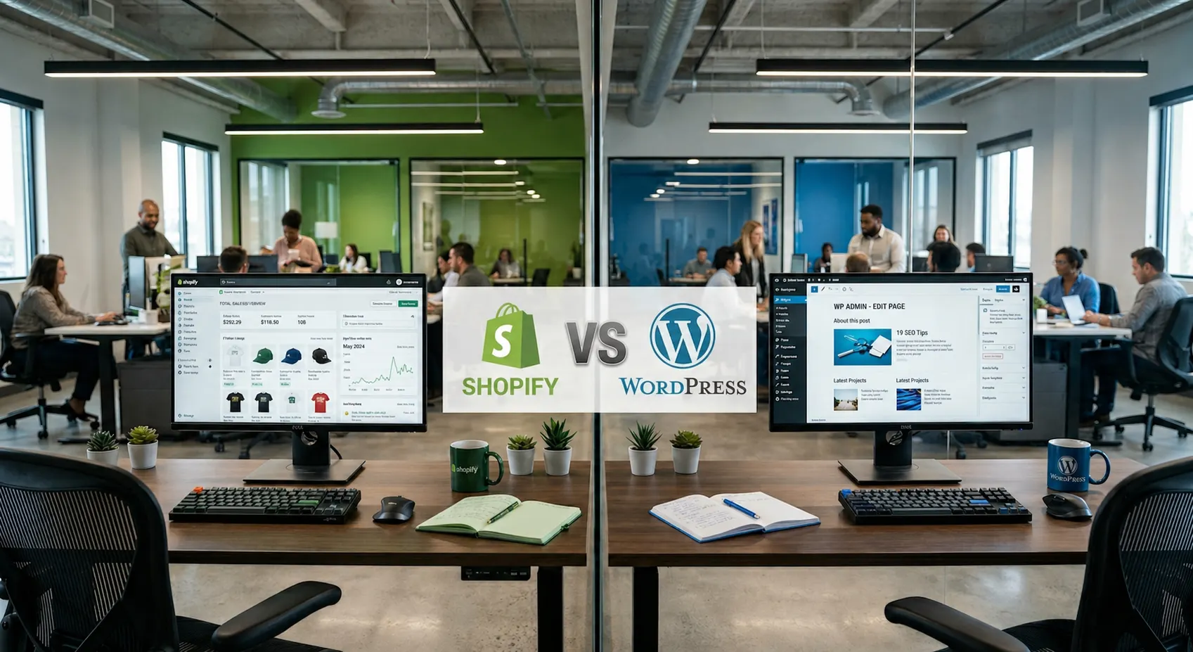 Shopify vs WordPress comparison in modern office workspace with two computers displaying ecommerce and website dashboards