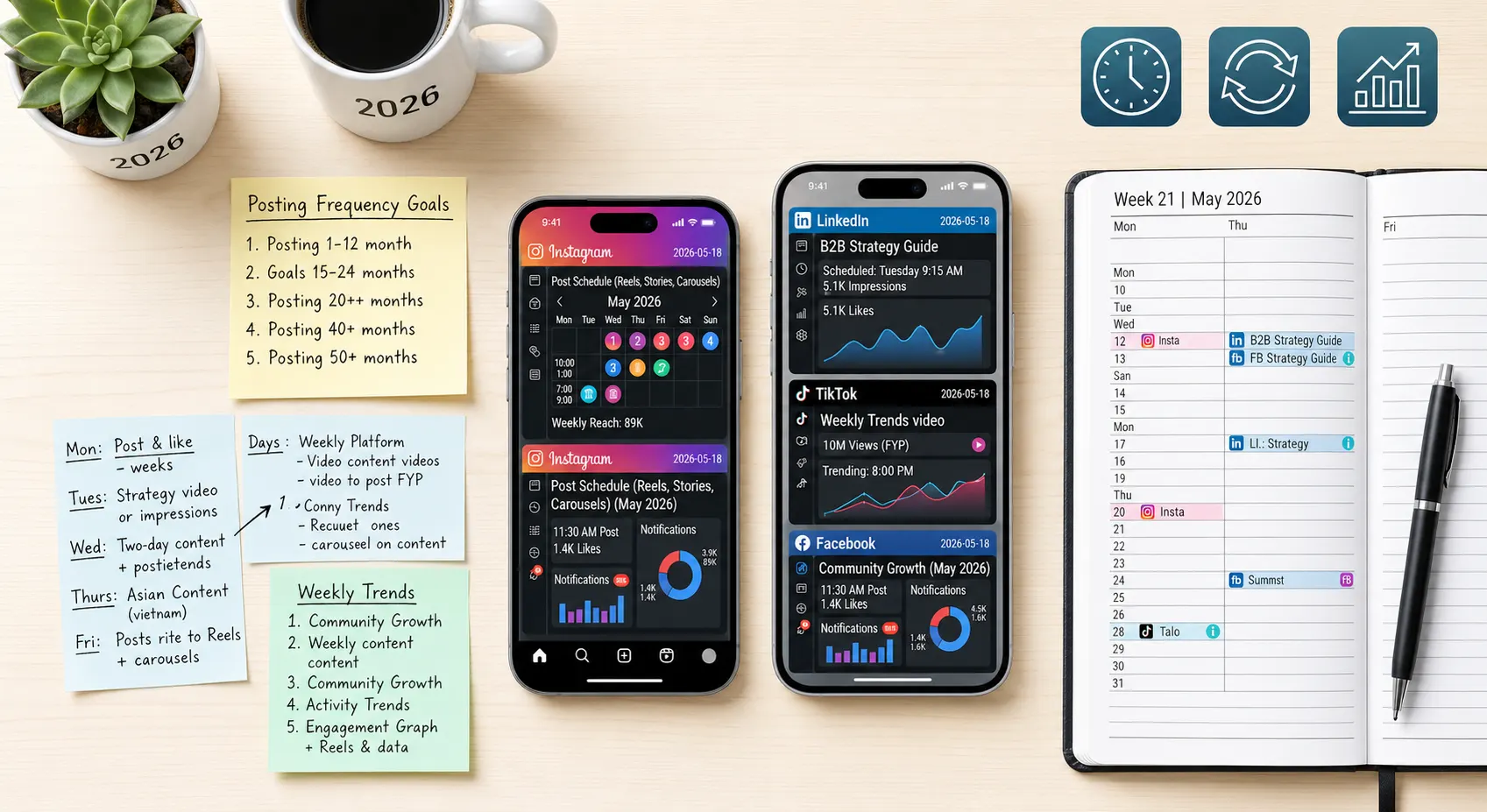Social media posting schedule for 2026 showing Instagram, LinkedIn, and Facebook content planning with weekly calendar and frequency strategy