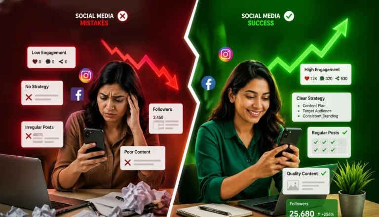 Social media mistakes vs success comparison showing low engagement, no strategy, and poor content on one side and high engagement, clear strategy, and growth on the other