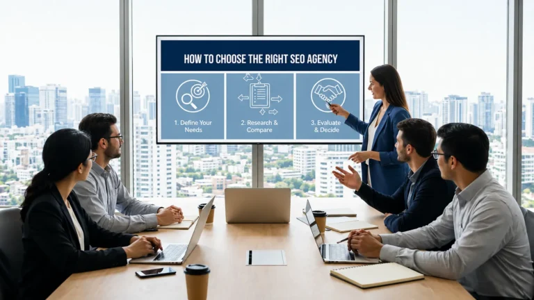 SEO Agency team presenting strategy on how to choose the right SEO agency in a corporate meeting room