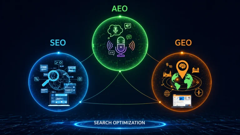 SEO vs AEO vs GEO comparison infographic showing search optimization strategy differences