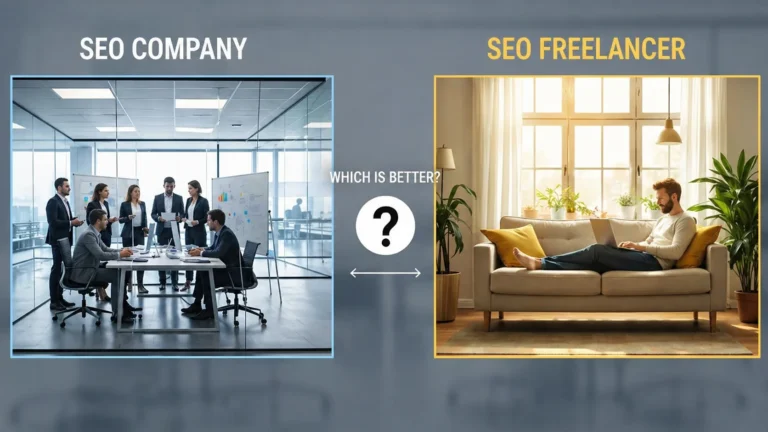 SEO company team meeting in office compared with SEO freelancer working from home