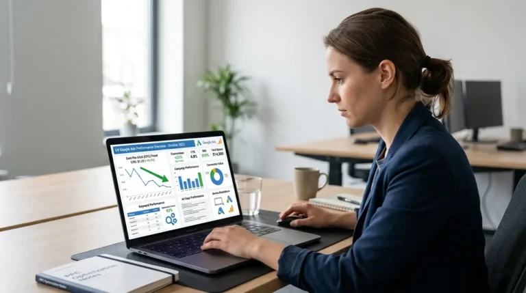 Professional analyzing ppc compaign data on laptop with graphs and performance metrics in office