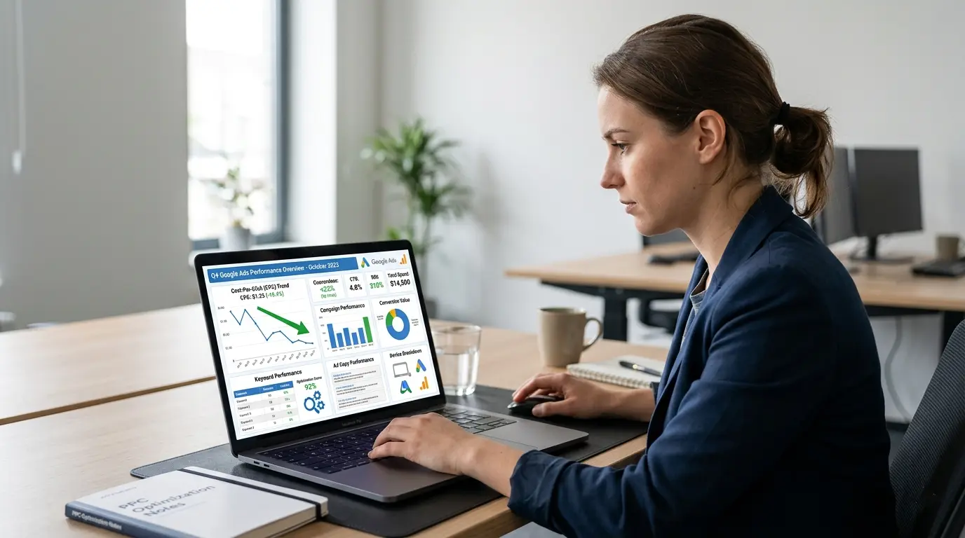Professional analyzing ppc compaign data on laptop with graphs and performance metrics in office