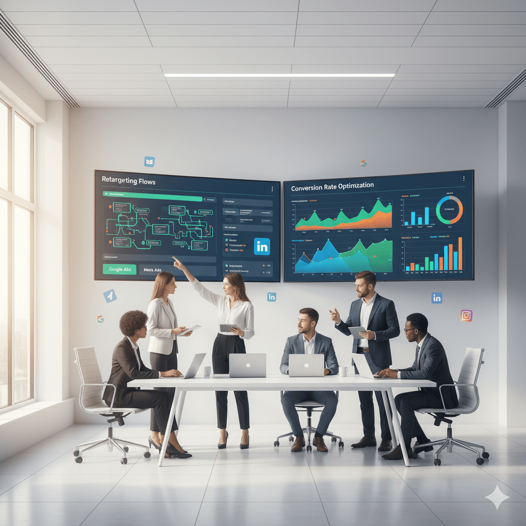 Remarketing Campaigns team analyzing retargeting strategies, conversion data, and digital marketing performance dashboards