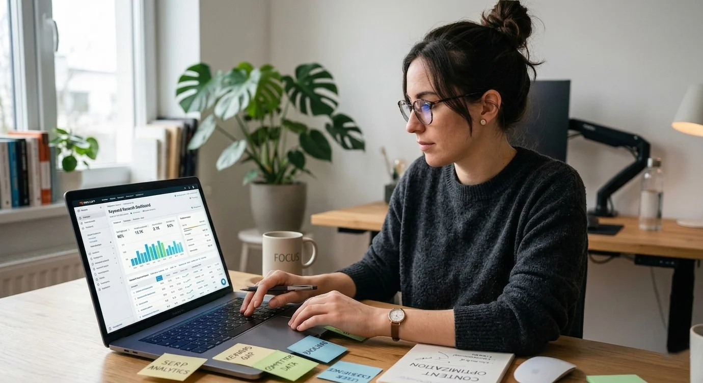 Person working on laptop analyzing content strategy with SEO keywords, search intent notes, and organic traffic data on screen