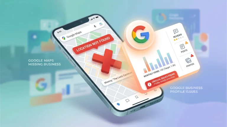 Google Business Profile not showing on Maps issue with frustrated business owner checking listing on laptop