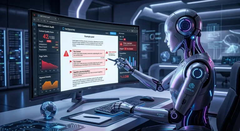 Futuristic AI robot analyzing thin content on an SEO content audit dashboard showing low quality score and errors