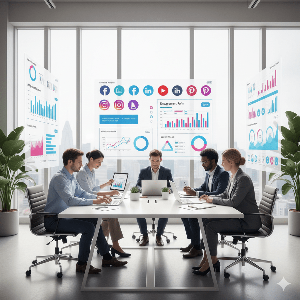 Social Media Audit and Consulting team reviewing analytics dashboards and social media performance reports in a modern office